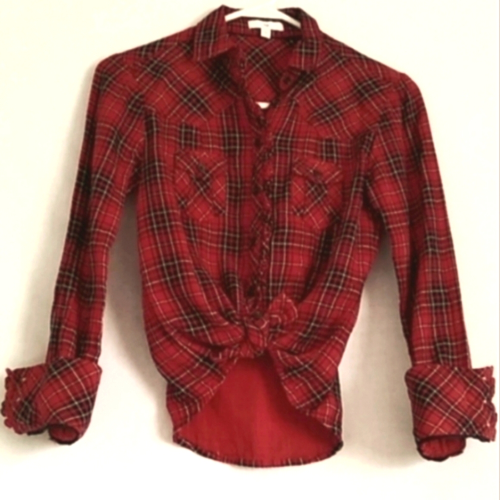GAP Western Long Sleeve Ruffle Placket Button Down Shirt Red Plaid Cotton (XS)